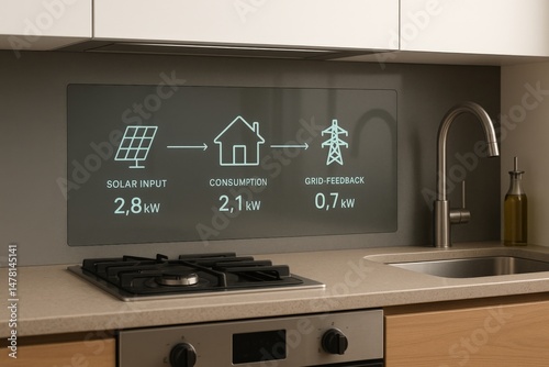 Modern kitchen showing solar energy usage with a digital display. Shows solar input, consumption, and grid feedback in an eco-friendly design. photo