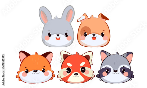 A set of animal character faces, kawaii, bright colors. Bunny, Doggy, Leggy, White Owl, Brown Owl, Fox, Raccoon, Red Panda. Perfect for children's books and merchandise. Vector illustration