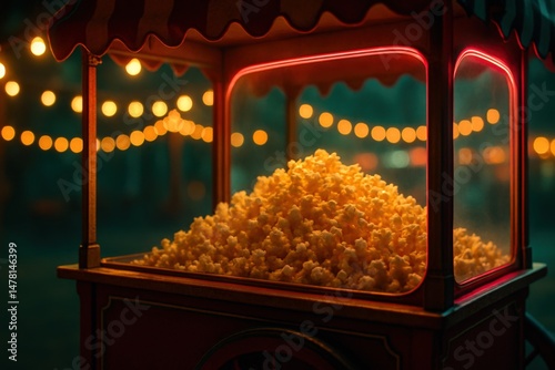 Close-up of popcorn in a vintage cart, illuminated by warm string lights at a night fair.