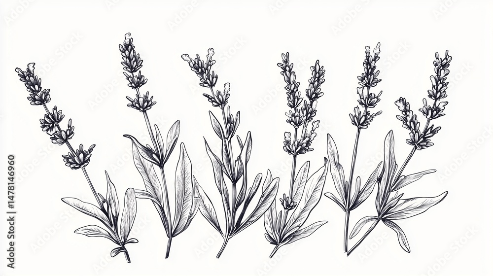 botanical sketch of lavender, hand-drawn with black ink on white paper, naturalistic detail and delicate linework
