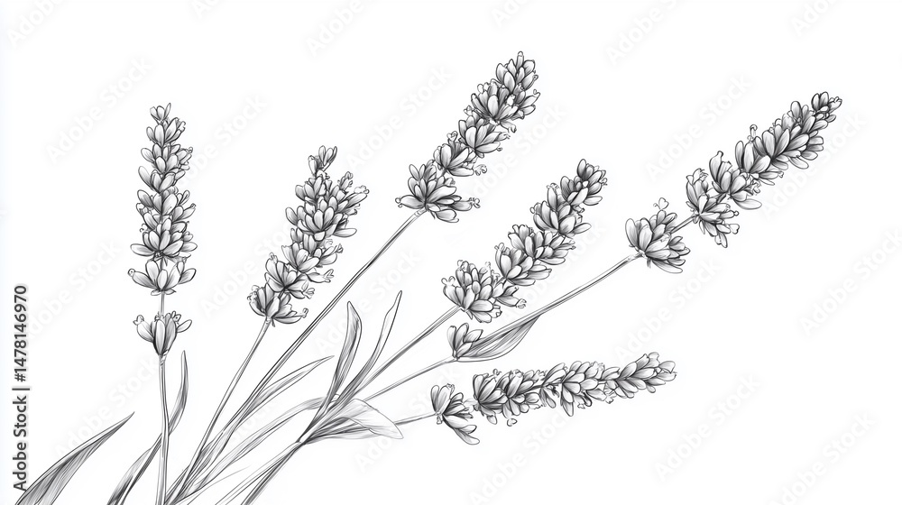 botanical sketch of lavender, hand-drawn with black ink on white paper, naturalistic detail and delicate linework