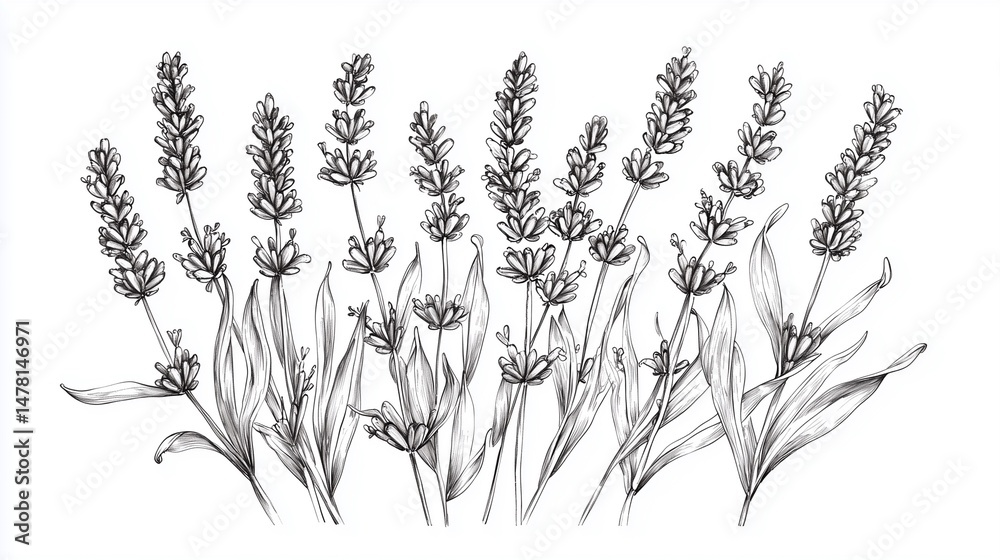 botanical sketch of lavender, hand-drawn with black ink on white paper, naturalistic detail and delicate linework