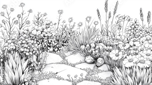 Obraz na płótnie various healing herbs, sketched with technical pen on white paper, flat layout w salonie