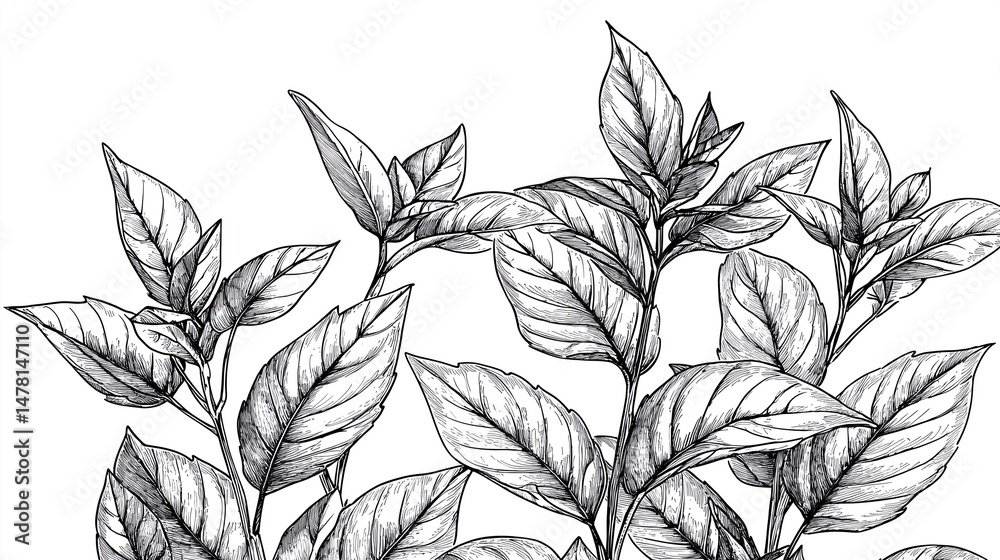 illustration of basil leaves, inked with fine liner on smooth white paper, high detail