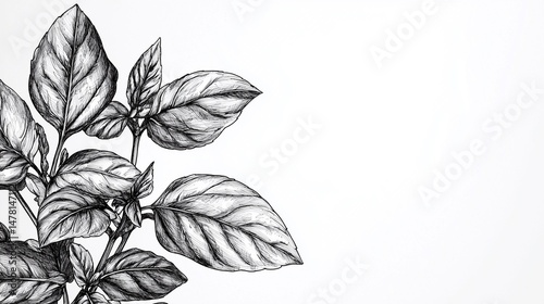 Obraz na płótnie illustration of basil leaves, inked with fine liner on smooth white paper, high detail w salonie
