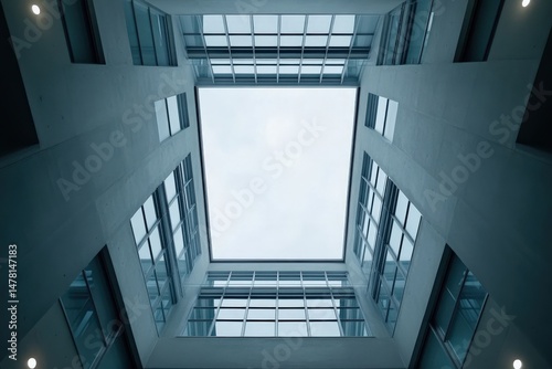 Modern architectural design showcasing open sky view from ground perspective
