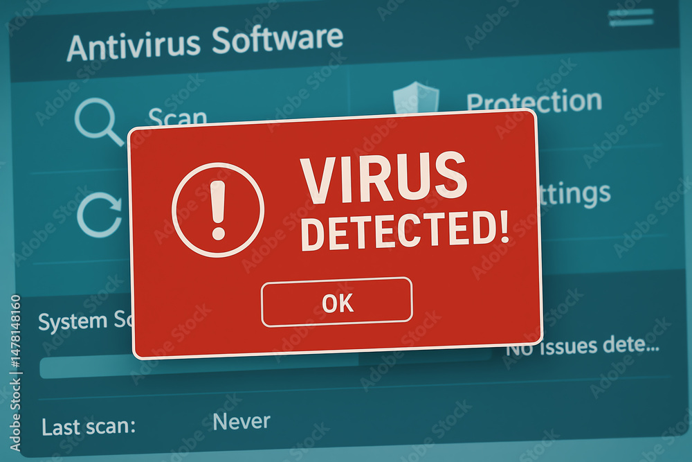 Close-up of antivirus software alert showing virus detection on a computer screen. Important for cybersecurity awareness and digital safety.