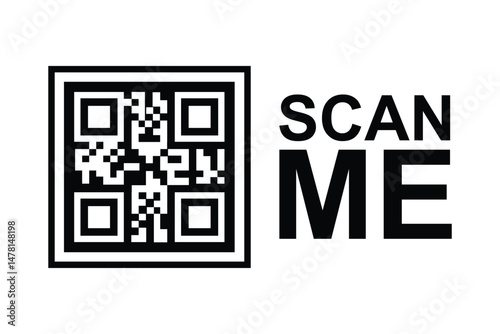Centered black and white QR code with bold "SCAN ME" text on clean neutral background. Minimalist, high-contrast design for marketing materials, posters, or presentations. Professional, functional.