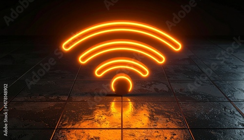 a neon wifi symbol is depicted in a 3d render as a vibrant orange and yellow wireless technology concept on a high tech floor with a black background