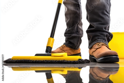 Maintenance Cleaning with Yellow Mop on Reflective Surface and Brown Shoes Worker in Dark Denim