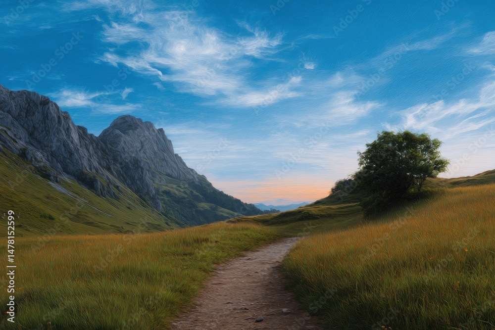 Fototapeta premium Mountain Path: Serene Landscape with Grassy Fields and Dramatic Peaks