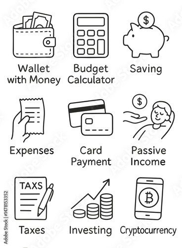 Doodle vector icon set illustrating financial management concepts  