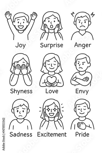 Doodle vector icon set of various emotions illustrated in nine squares  