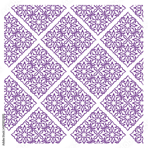 seamless pattern with floral pattern, seamless geometric pattern, repeating diamond shapes, symmetrical floral or star-like motif, traditional malay pattern, Malay traditional art or textile patterns,