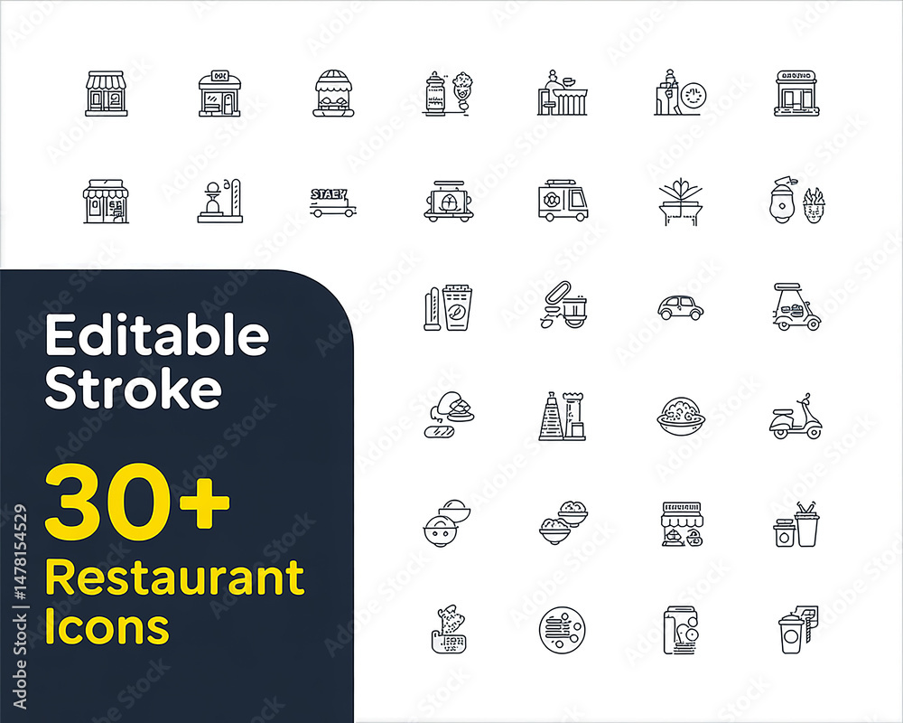 Fototapeta A set of minimalist restaurant and food service icons arranged in a grid layout