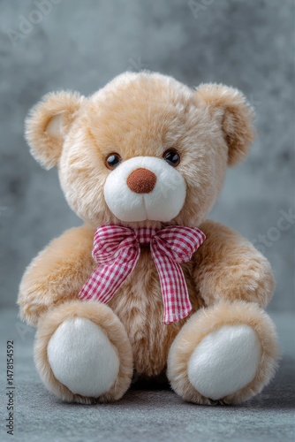 Adorable Tan Teddy Bear with Red Gingham Bow: A Sweet Plush Portrait
