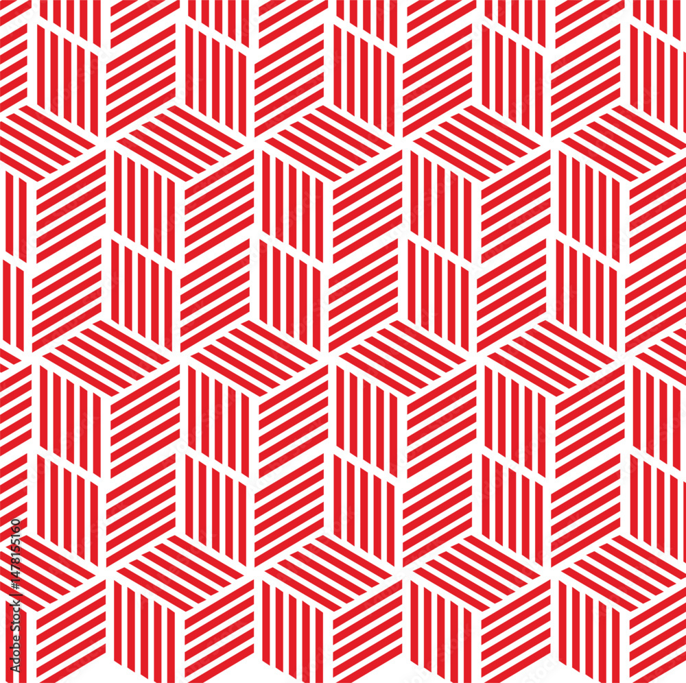 seamless geometric pattern with triangles, illusion of three-dimensional cubes or blocks, repeating striped parallelograms in red and white, isometric cube pattern or a tessellation of cubes.