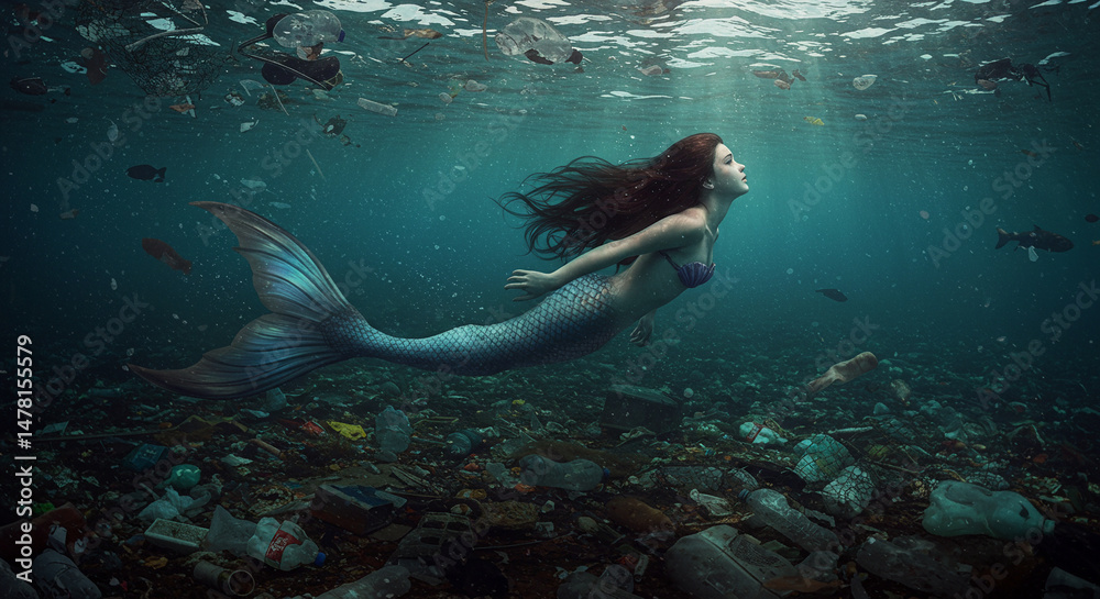 Fototapeta premium Sereia nadando em águas de rio poluído