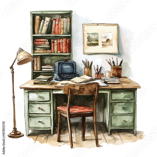 watercolor vector of Study Room, isolated on a white background.
