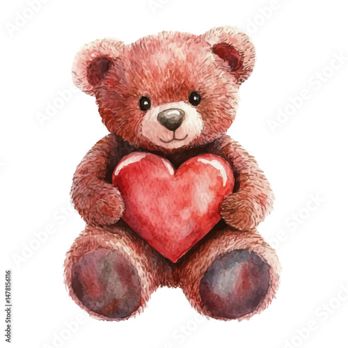 watercolor vector of Valentines Day Teddy Bear, isolated on a white background.