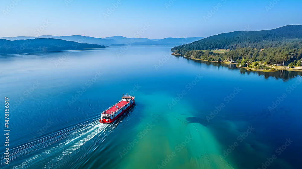 Obraz premium A red ferry glides across a tranquil lake, surrounded by lush green hills and a clear sky. Aerial view showcasing vibrant water colors and serene landscape