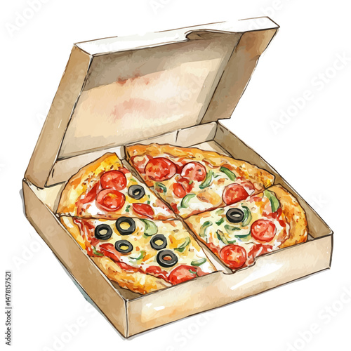 Pizza Box, watercolor illustration, isolated on a white background.