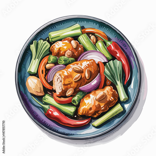 Kung Pao Chicken with Chilies and Bok Choy Illustration