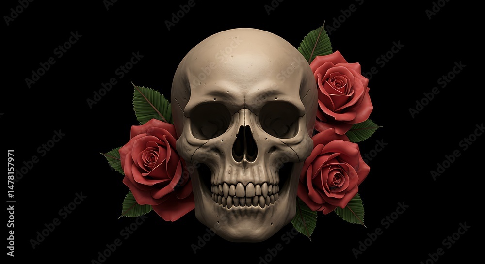 Obraz premium Skull with Red Roses on Black Background for Gothic Illustration