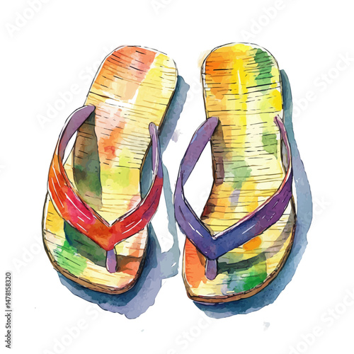 watercolor of Flip Flops, isolated on a white background.