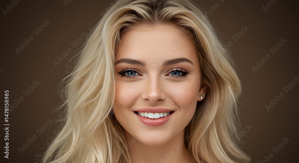 Fototapeta premium Smiling Woman with Blonde Wavy Hair Close Up Portrait