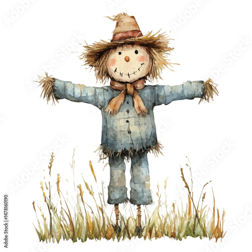 Field Scarecrow, watercolor vector, isolated on a white background.