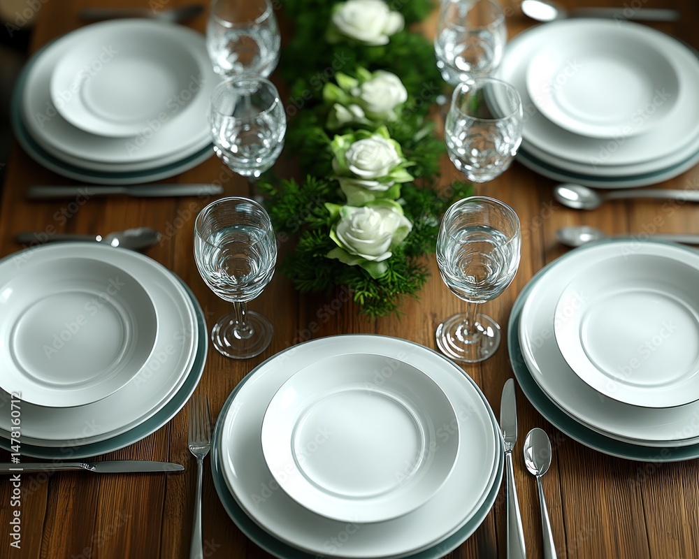Elegant dining table setting with white plates, glasses, and floral centerpieces Elegant dining table setting with white plates, glasses, and floral centerpieces