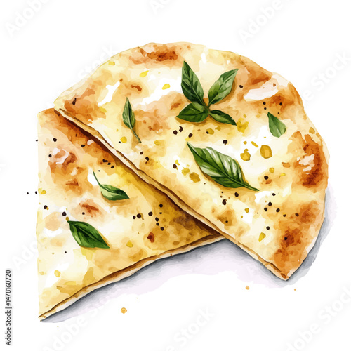 watercolor of Flatbread, isolated on a white background.