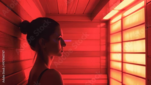 Young woman enjoying infrared light therapy in wooden sauna cabin