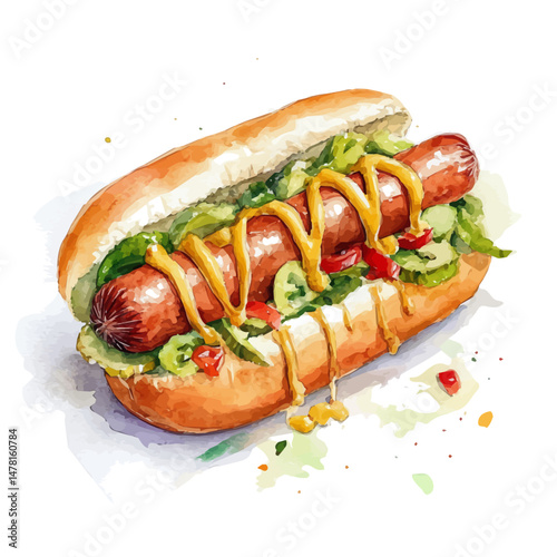 watercolor vector of Hot Dog, isolated on a white background.
