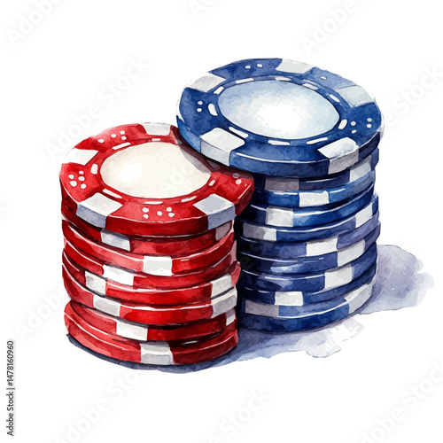 Poker Chips, watercolor illustration, isolated on a white background.