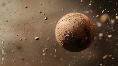 A close-up of a cricket ball spinning in mid-air, showcasing intricate details captured in a surreal moment