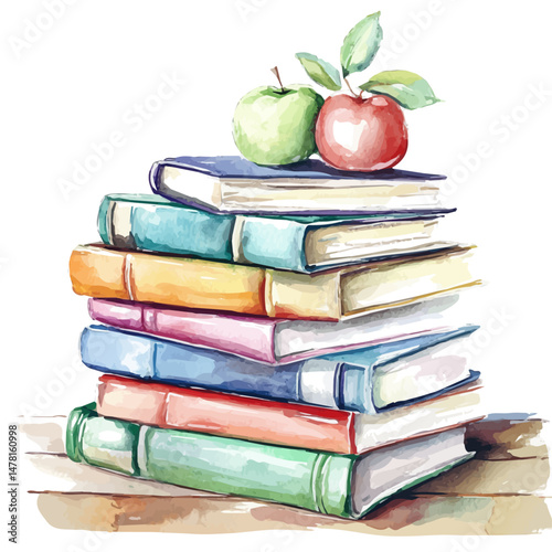 watercolor of Textbooks On Desk, isolated on a white background.