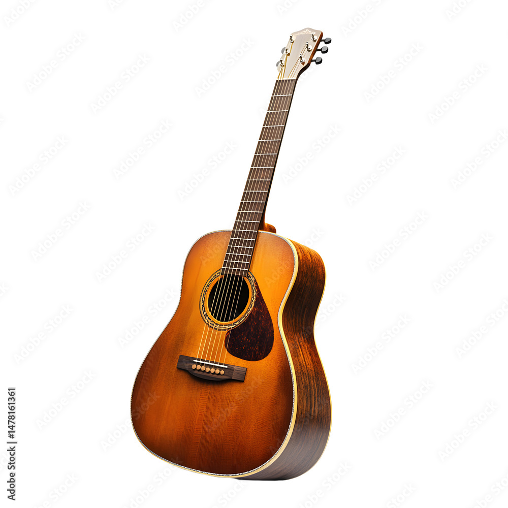 Naklejka premium A classic acoustic guitar leaning upright, showing strings and soundhole