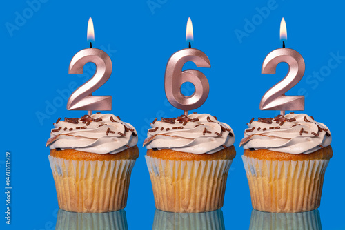 Birthday Cupcakes With Candles Lit Forming The Number 262.