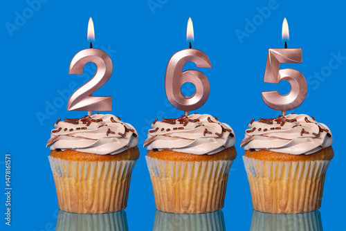 Birthday Cupcakes With Candles Lit Forming The Number 265.