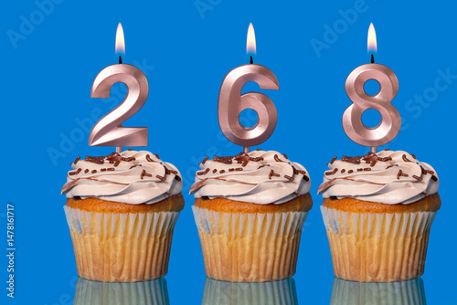 Birthday Cupcakes With Candles Lit Forming The Number 268.