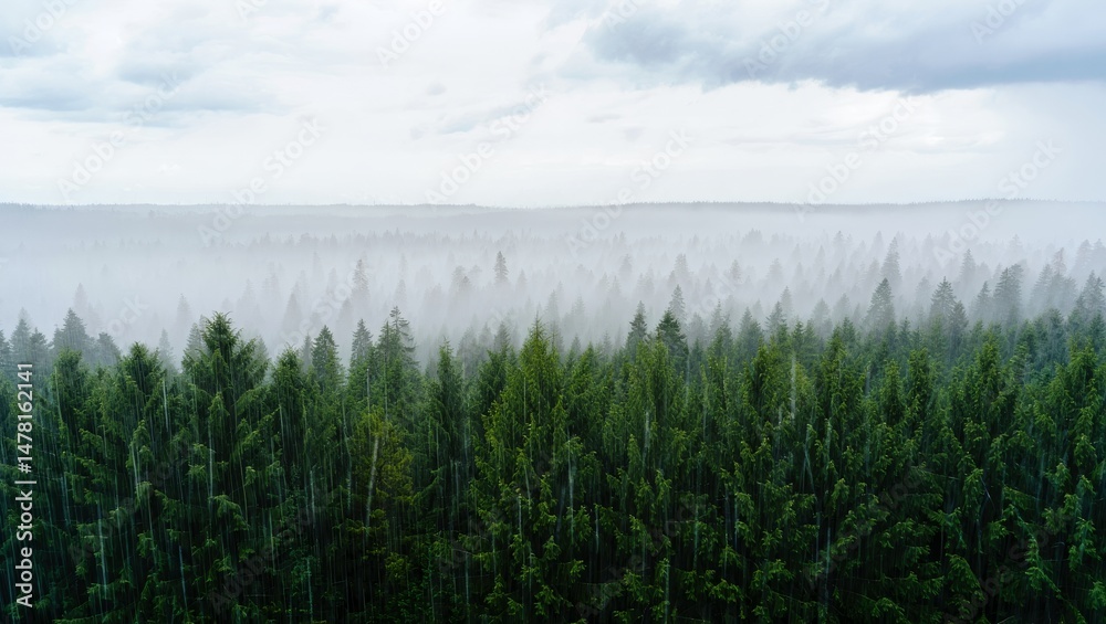 Naklejka premium Misty Rainfall Over Forest Canopy – Cinematic Moody Landscape