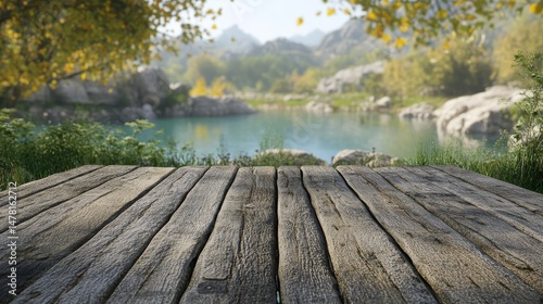 A wooden tabletop sits above a blurred green forest and lake or swamp, evoking a fresh and relaxing atmosphere, ideal for showcasing products or designing key visuals with ample empty space