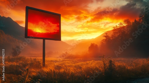 A vintage film-inspired scene of a farmland landscape during sunset or sunrise with dramatic cloudy skies