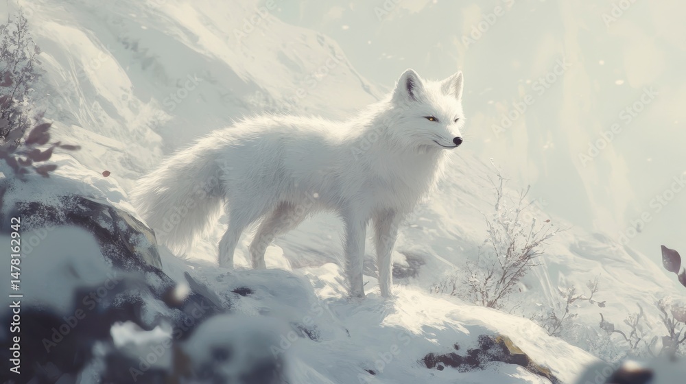 Obraz premium Majestic arctic fox standing on snowy mountain peak.
