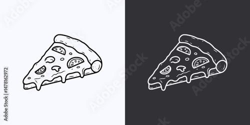 Pizza Slice Icon – Vector Outline – Black and White Preview