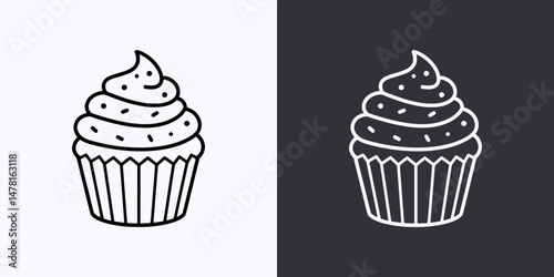 Cupcake Icon – Vector Outline – Black and White Preview