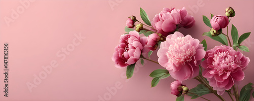 Pink peonies bouquet with green leaves on pink background. Flat lay macro photo of spring flowers. Floral and wedding concept. Wedding, Mother`s Day, Valentine's Day, spring banner with copy space