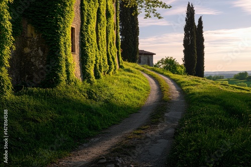 Serene Countryside Villa with Rolling Green Hills and Rustic Pathways